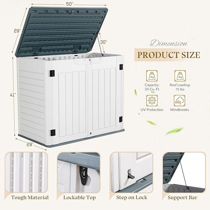 Greesum Outdoor Horizontal Resin Storage Sheds 34 Cu. Ft. Weather Resistant Resin Tool Shed, Extra Large Capacity Weather Resistant Box for Bike, Garbage Cans, Lawnmowe, Without Divider, White