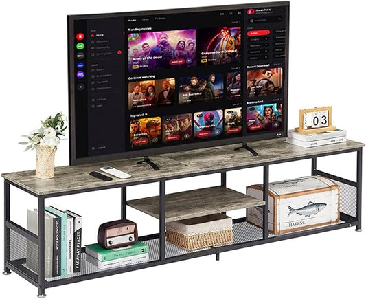 VECELO Industrial TV Stand for Televisions up to 80 Inch, 70" Entertainment Center with Open Storage Shelves for Living Room/Bedroom, 3 Tiers Media Console Table with Metal Frame, Grey, 70 Inches