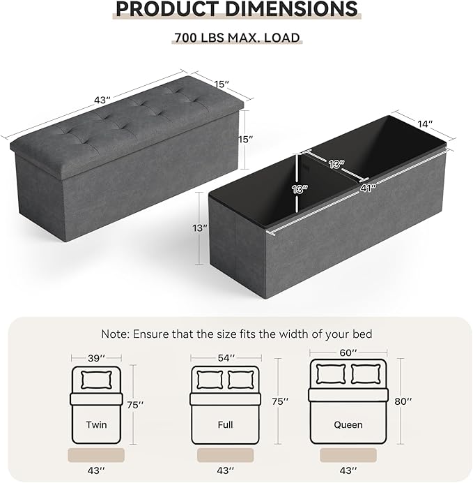 Storage Ottoman Bench, 43 Inch Ottoman Foot Rest, End of Bed Bench, Storage Chest, Load 700 lb, for Living Room, Bedroom, Entryway, Gray