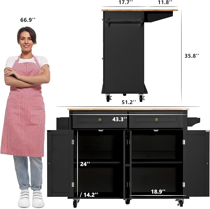 Rolling Kitchen Island with Drop Leaf – Movable Kitchen Carts on Wheels Island with Storage Cabinet, Island Table for Kitchen with Rubber Wood Top and Rack and Drawer, Matte, Black