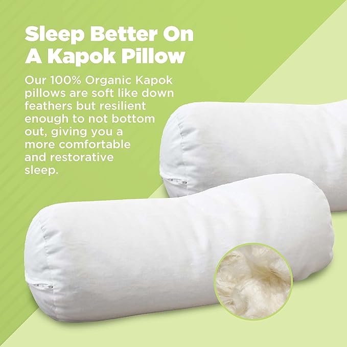 Organic Cotton Neck Roll Pillow with Pillowcase – Organic Kapok Filled Soft Neck Pillow with Hypoallergenic, Breathable Fabric Washable Protector – Supportive for Deep Sleep – Made in USA, 4" x 12"