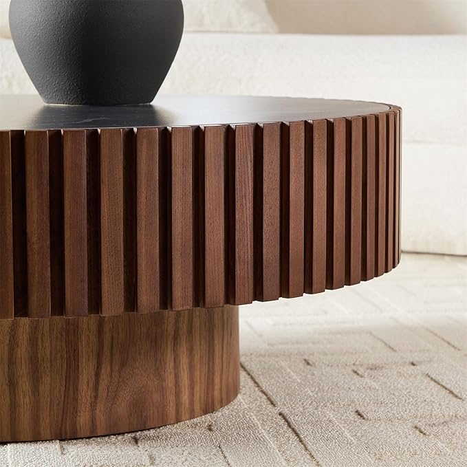 35.43'' Walnut Coffee Table Modern Handcraft Drum Round Circle Wooden Solid Wood Veneer Tea Table for Living Room Apartment (Sintered Stone Tabletop)