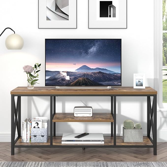 EXCEFUR 55 Inch TV Stand for Televisions up to 65 Inch, Modern Entertainment Center with Storage Shelves, Industrial Media TV Console for Living Room, Bedroom, Rustic Brown