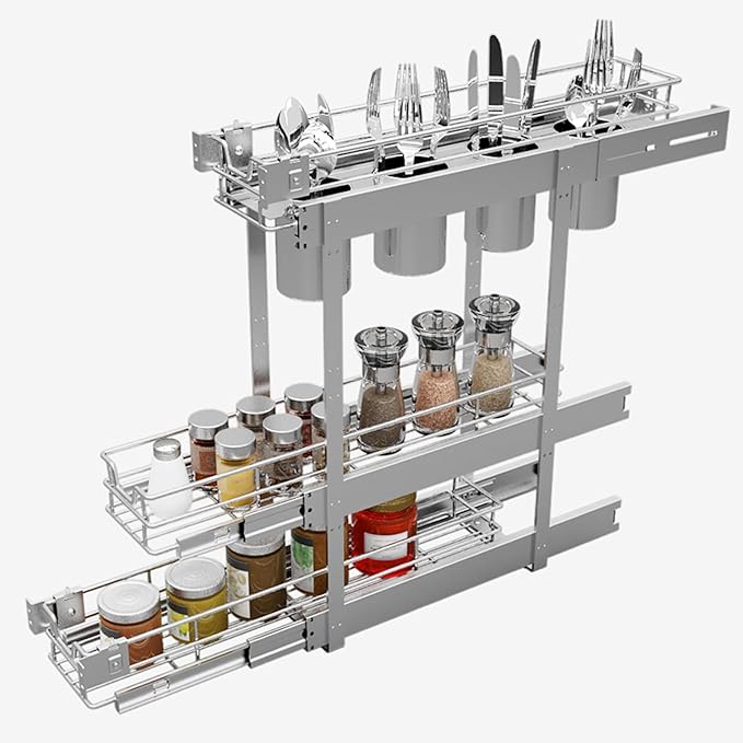 3-Tier 5" W x 21" D Narrow Pull Out Cabinet Organizer, Roll out Spice Rack Holder Shelve, Slide Out Slim Storage Wire Baskets for Storage Organization