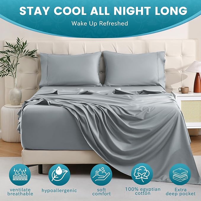 Bedlifes King Sheet Set, Extra Deep Pocket 18-24 Inches,1000Thread Count 100% Egyptian Cotton, Soft and Breathable Sateen 4-Piece,Grey