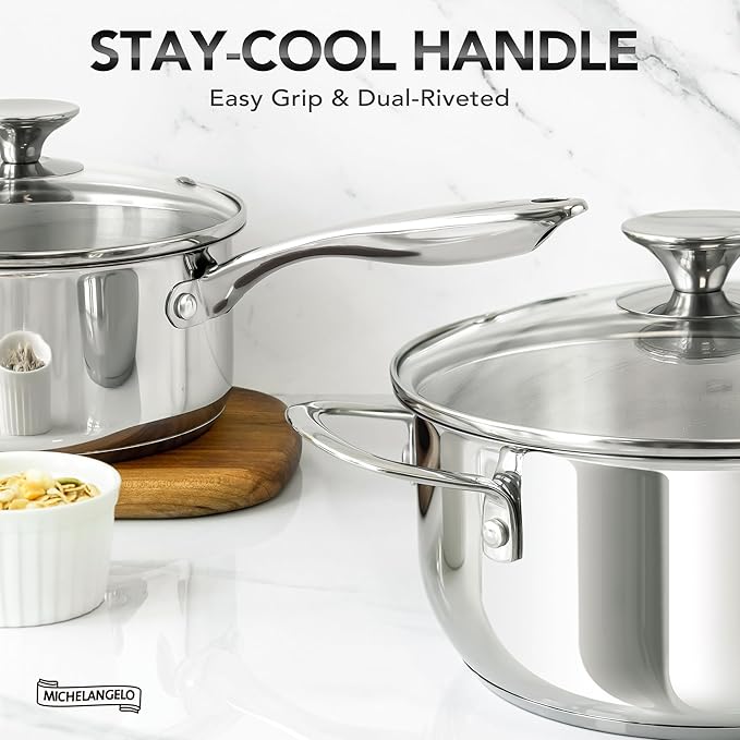 MICHELANGELO Stainless Steel Pot Set with Lids 1QT & 2QT & 3QT, Stainless Steel Saucepan Set 6pcs, 18/10 Induction Saucepans, Induction Compatible, Dishwasher Safe