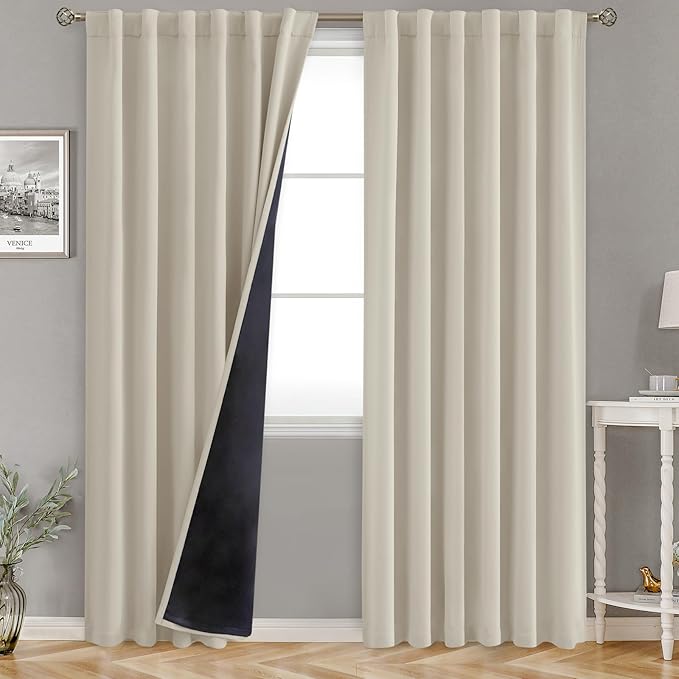 BGment 100% Room Darkening Thermal Insulated Blackout Curtains 90 Inches Long with Liner, Rod Pocket and Back Tab Double Layer Noise Reduce Curtains for Bedroom (52 x 90 Inch, 2 Panels, Cashmere)