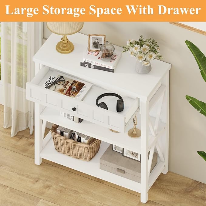 FATORRI Small Bookcase with Drawer, Wood and Metal Bookshelf for Small Space, Short Book Shelf and Low Book Case for Living Room (White Oak)