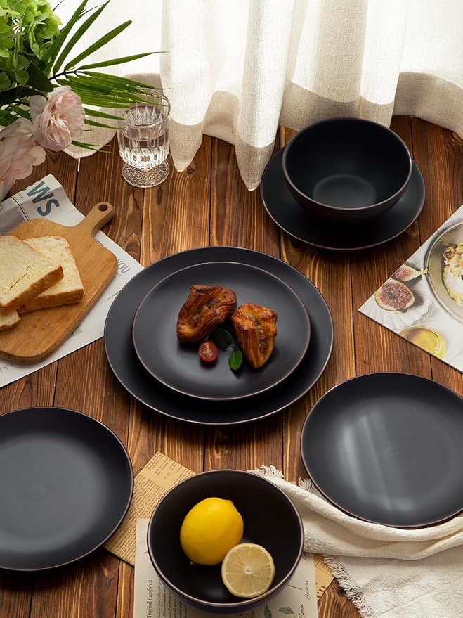 Famiware Venus Plates and Bowls Sets, 12 Pieces Stoneware Dinnerware Sets, Dishes Set for 4, Microwave and Dishwasher Safe, Matte Black