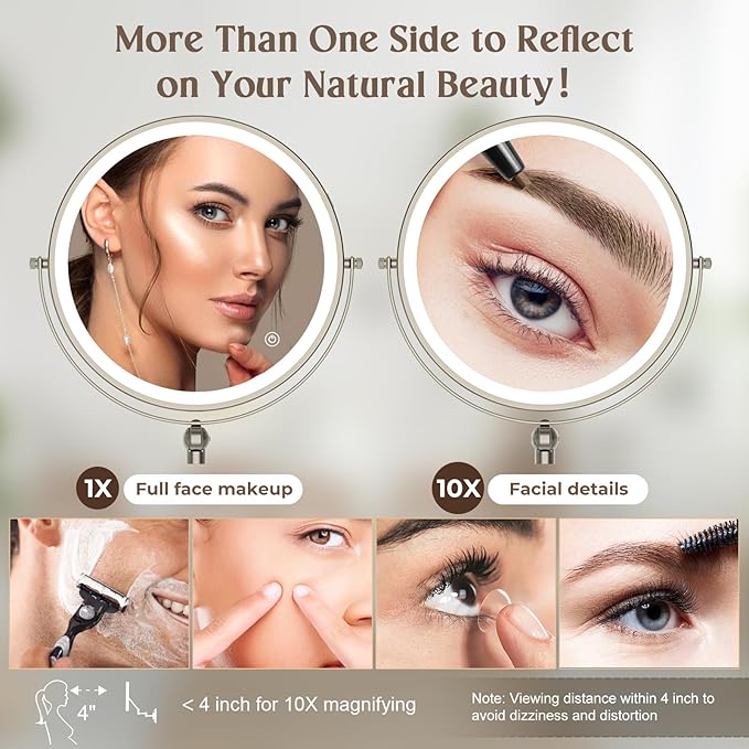 9" Wall Mounted Makeup Lighted Mirror, 4000mAh Rechargeable Double Sided LED Vanity Mirror with Height Adjustable&1X/10X Magnification, 3 Color Lights Bathroom Mirror (9INCH-Nickel)