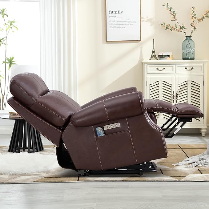 Phoenix Home Genuine Leather Power Lift Recliner Chair for Elderly with Massage and Heating, Electric Recliner for Seniors with Extended Footrest, Type-C and USB Port, Side Pocket, Brown