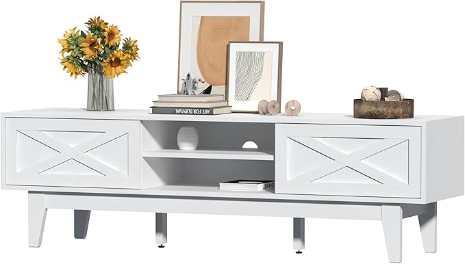 Wooden TV Stand for 55 65 70 inch TV, Long & Large TV Media Console Table with Storage Cabinets, Boho Farmhouse Entertainment Center for Living Room, Bedroom - White