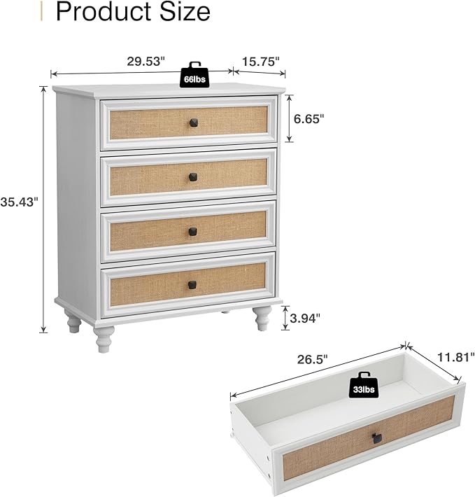 8 Drawer Dresser for Bedroom, Mid Century Modern Wide Wood Rustic Chest of Drawers Wooden Storage Organizer Dressers with Burlap Rattan Drawers for Living Room, Hallway Closet, Entryway, Beige White