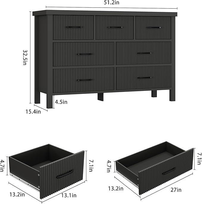 Fluted 7 Drawers Dresser for Bedroom, Modern Chest of Drawers with Metal Handle, Wood Dresser TV Stand, Wooden Closet Clothes Storage Organizer for Living Room, Hallway (Black)