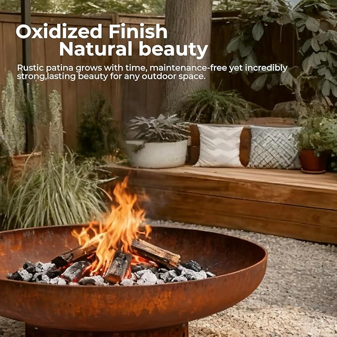 KOL Fire Pit for Outside Wood Burning, 27.5 Inch Round Firepit Bowl Outdoor and Patio, Heavy-Duty Steel Bonfire Pit Oxidized Finish, Free-Standing, Camping Backyard Terrace