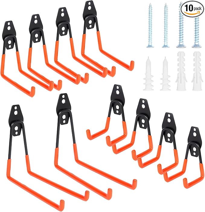 10 Pack Heavy Duty Steel Utility Wall Hooks Anti-Slip Coated - Garage Wall Mount Hanging Storage Organizer for Bikes, Ladders, Garden Tools, Skis and More
