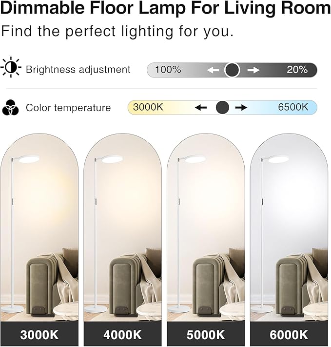 Torchiere Floor Lamp, Eye-Care Reading Lamp, 72" White Standing Lamps with Touch Control, Modern Bright Lamp for Bedroom,Office,Living Room