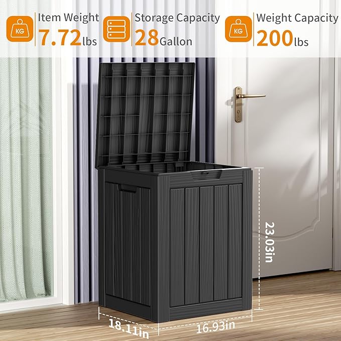 28 Gallon Outdoor Deck Box,Storage Lockable Waterproof Patio Furniture,Garden Tools,Cushions,Pool Accessories Outside Storage Resin Box(Black)