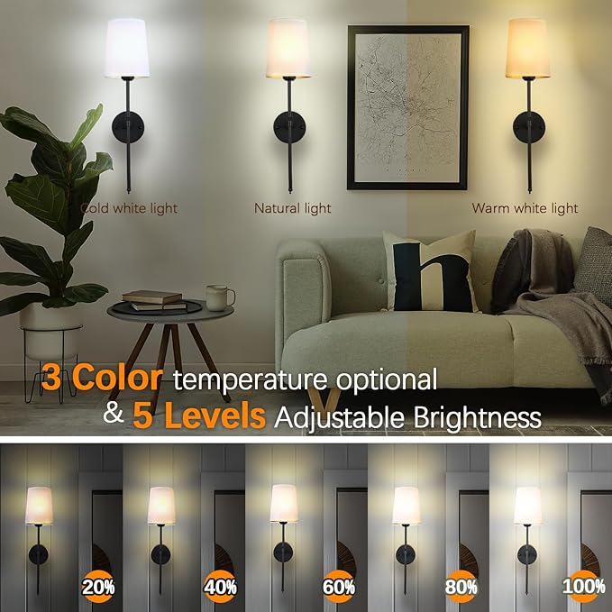 Wall Lights Battery Operated Wall Sconces Set of 2, Black Rechargeable Wall Sconce with 15 RGB Dimmable Detachable Bulbs and Remote, Wireless Battery Powered Wall Lamp for Living Room Bedroom