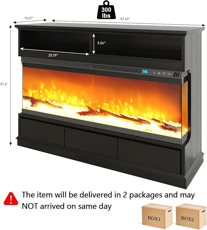 4 EVER WINNER Fireplace TV Stand with 50" Electric Fireplace, Fireplace Entertainment Center with 3-Side Glass Insert, 3 Drawers, TV Consoles for Living Room, Black