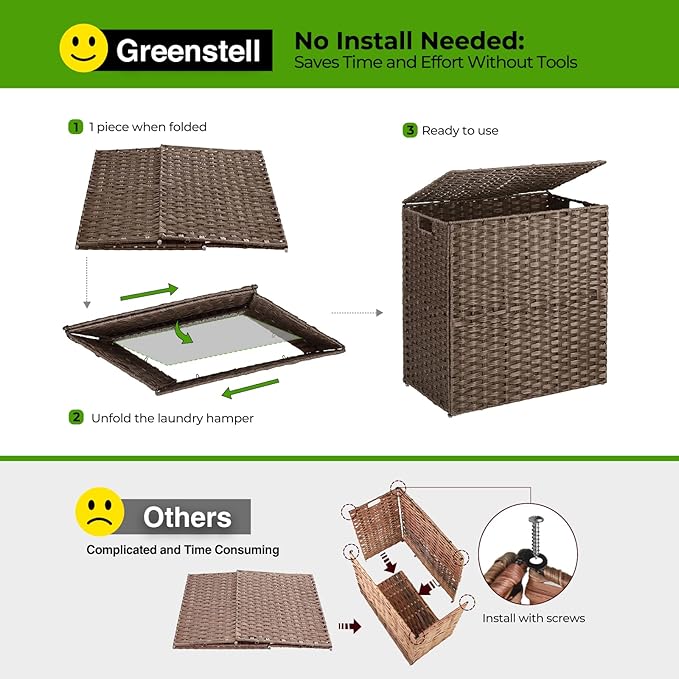Greenstell Laundry Hamper with lid, No Install Needed, 110L Wicker Laundry Baskets Foldable 2 Removable Liner Bags, 2 Section Clothes Hamper Handwoven Rattan Laundry Basket with Handles, Brown