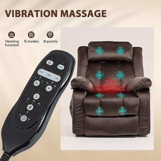 HOMCOM 35" Wide Back Power Lift Recliner Chair for Elderly with Massage and Heat, Electric Lift Chair with Remote Controllers, USB Ports and Side Pockets, Brown