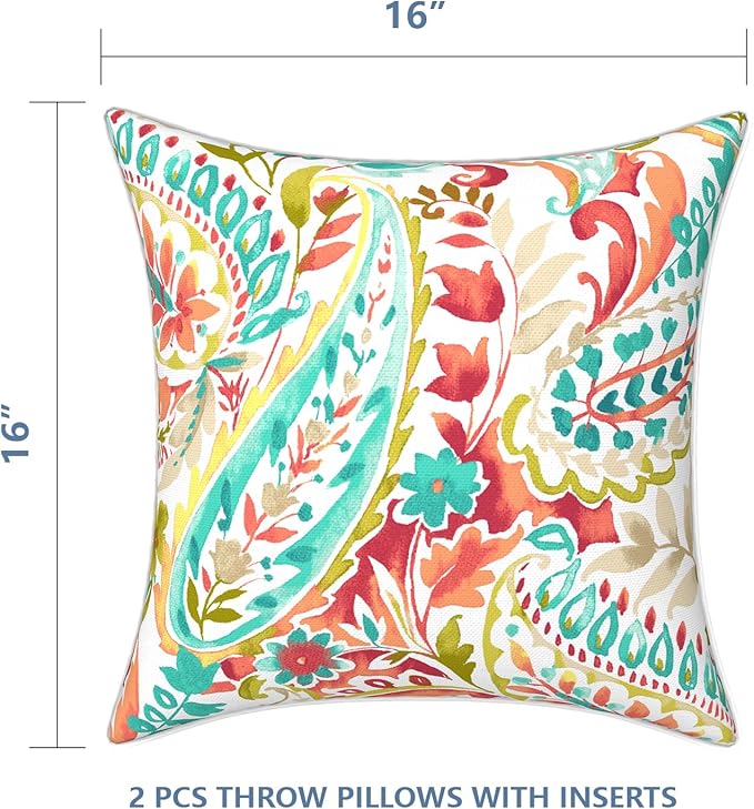 LVTXIII Outdoor/Indoor Throw Pillows, Decorative Patio Accent Pillows, Fluffy Water Repellent Garden Cushions for Home Patio Coach Sofa Use, 16×16 Inch, Pack of 2, Pretty Paisley