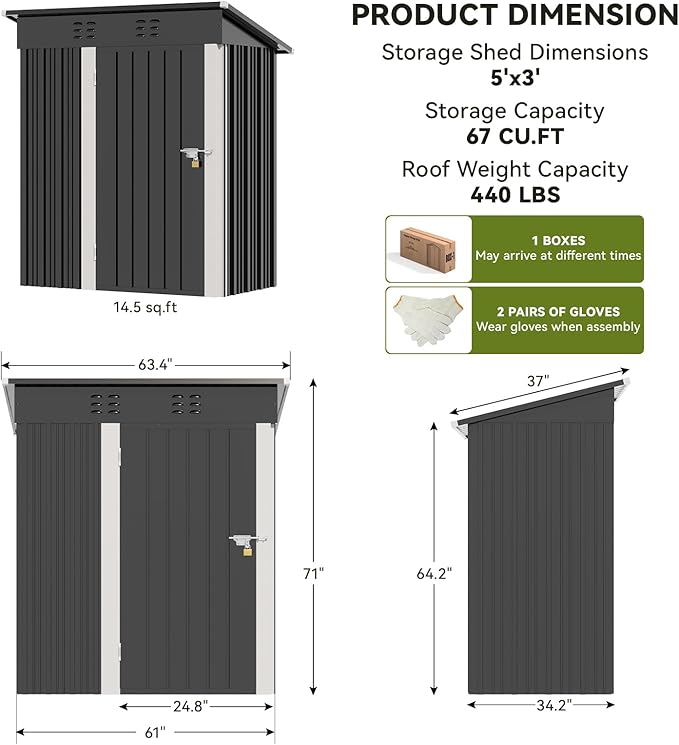 COMHOMA Shed Outdoor Storage Shed Metal,Lockable Doors Tool Sheds with Sloping Roof,Steel Garden Shed with Air Vent for Backyard,Patio,Lawn,Poolside (Grey, 5'*3')