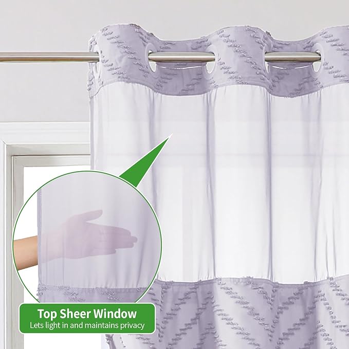 Stall No Hook Boho Farmhouse Shower Curtain with Snap-in Fabric Liner set-54Wx80H(78H),Tufted Chevron Striped Hotel Grade Cloth Shower Curtains for Bathroom,Water Repellent,Lavender