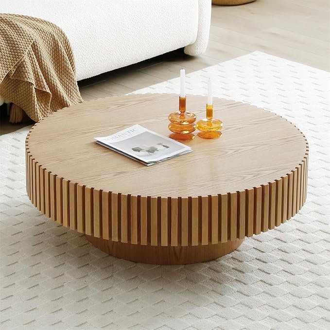 Round Coffee Table for Living Room, Accent Fluted Drum Coffee Table with Storage, Modern Solid Wood Circle Center Tea Table for Small Space Apartment (39.4''D×14''H-Natural)