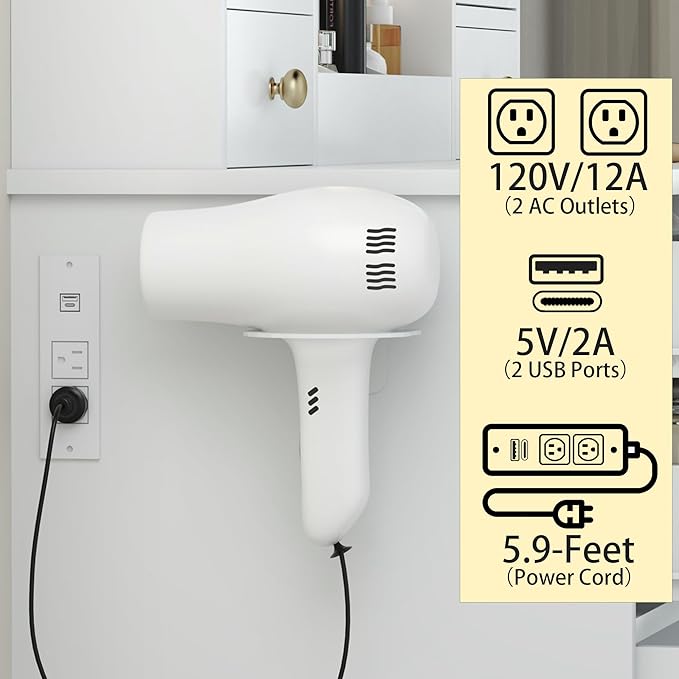 Vanity Desk with Mirror and Lights, White Vanity Mirror with Lights Desk and Chair & Charging Station, Makeup Vanity Desk with Lights for Women Bedroom 3 Color Modes Adjustable