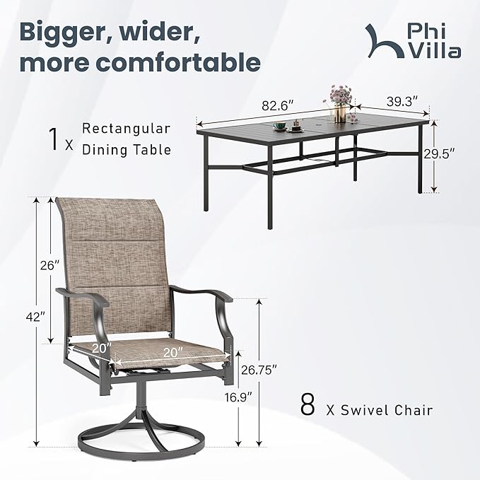 PHI VILLA 9 PCS Patio Dining Set for 8 Person, Padded High Back Outdoor Swivel Chairs and Large Metal Table, Patio Table and Chairs Set for Outdoor Deck Lawn Garden
