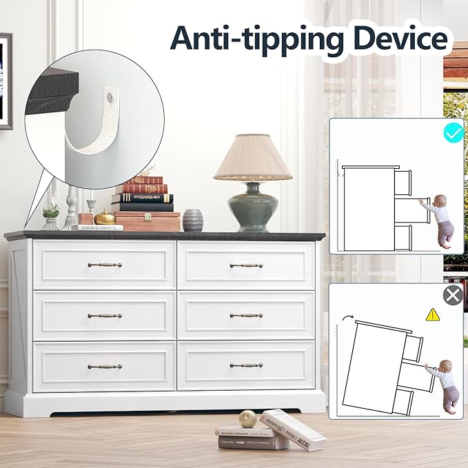 Dresser for Bedroom with 6 Drawer, Farmhouse Dresser for Closet, 47'' Wide Rustic Wooden Chest of Drawers with Natural Wood Texture, Vintage Storage Organizer for Living Room, Hallway, White