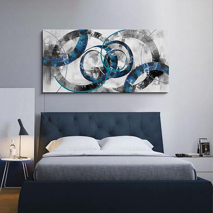 XLSJERST Blue Abstract Canvas Wall Art - Modern Art Wall Decor Wall Pictures for Living Room Bedroom Office Gray and White Paintings Artwork for Wall Size 24x48 Inches