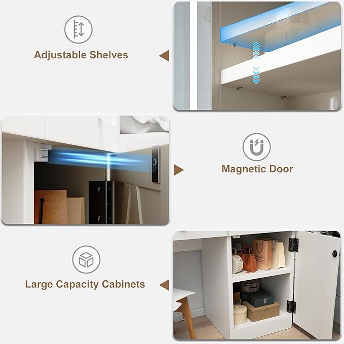 Farmhouse Makeup Vanity Desk with Sliding Mirror and Lights, Glass Desktop Makeup Vanity Desk with Charging Station, 3-Tier Hidden Slide-Out Vanity Shelves, Jewelry Storage Cabinet, 2 Drawers-White