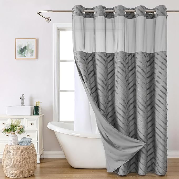 No Hook Tufted Chevron Striped Shower Curtain with Snap-in Fabric Liner set-71Wx74H(72H),Grey Hotel Grade Boho Style Shower Curtain with See Through Top Window,Water Repellent