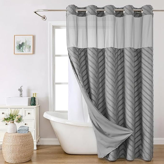 Extra Long No Hook Tufted Chevron Striped Shower Curtain with Snap-in Fabric Liner set-71Wx86H(84H),Grey Hotel Grade Boho Style Shower Curtain,Water Repellent