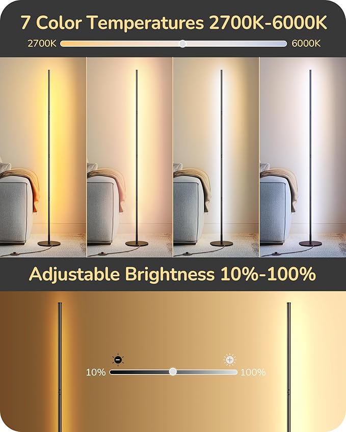 EDISHINE Modern Corner Floor Lamp, Set of 2, 57.5" Height, 7 Color Temperature 3000-6000K, Dimmable LED Floor Lamp for Bedroom, Living Room, Office, Black