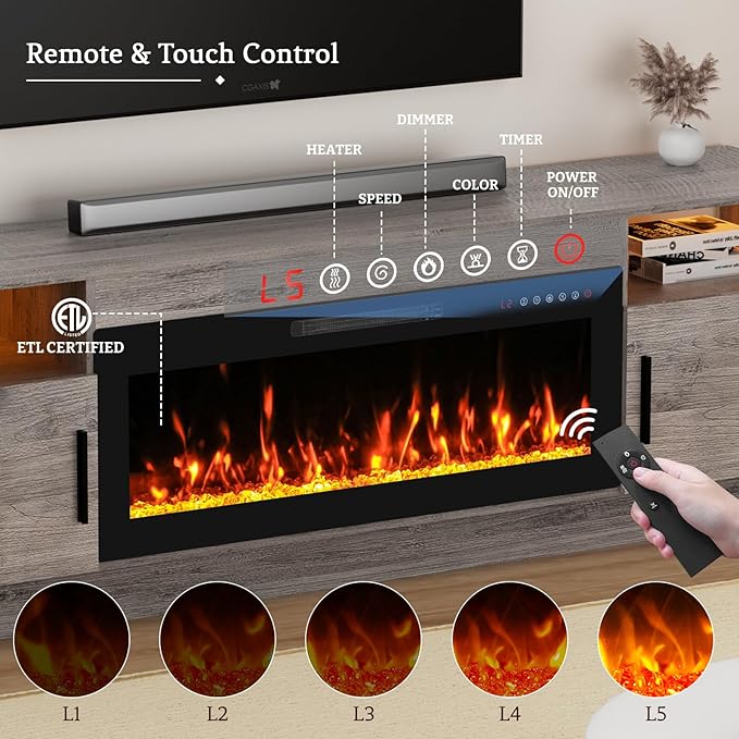 70'' TV Stand with Fireplace-Oak Grey Entertainment Center for 75+ inch TV- TV Cabinet with LED Light, Storage, High Glossy Door, Modern TV Console for Living Room