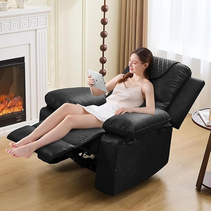 Recliner Chair with Electric Massage Adjustable Footrest & Heat, Manual Leather Recline for Adults Living Room Remote Control (Black)