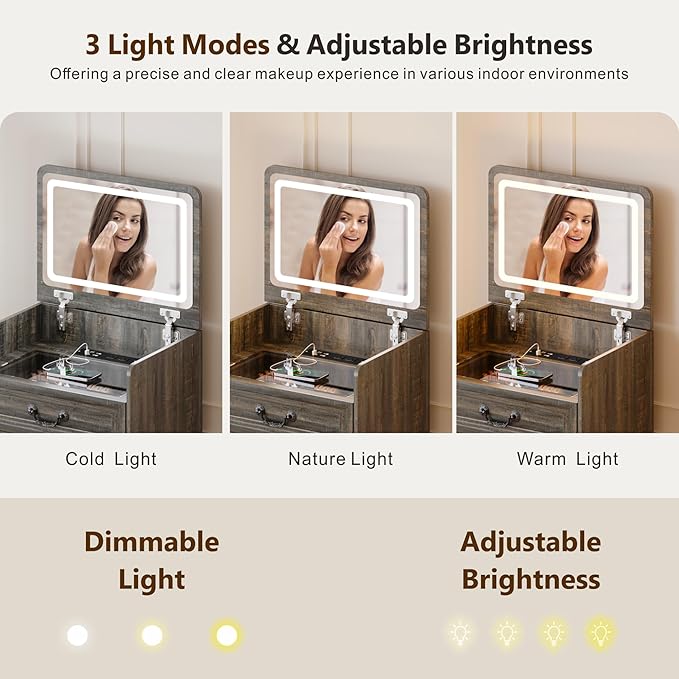 Farmhouse 3 in 1 Vanity with Flip Top Mirror, LED Small Makeup Desk with 2 Sockets USB, Compact Vanity with Glass Desktop, Storage and Cushioned Stool with Wheels,3 Drawers, for Bedroom