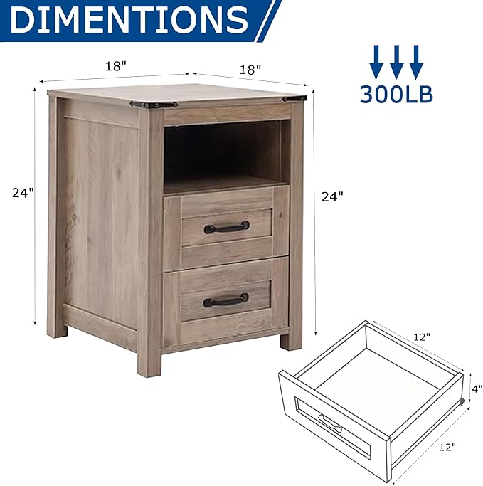 Farmhouse Night Stand Set of 2, Rustic Sierra Nightstand for Bedroom, End Tables Without Charging Station, Bedside Table with Drawers, Wood Bedside Cabinet Dresser