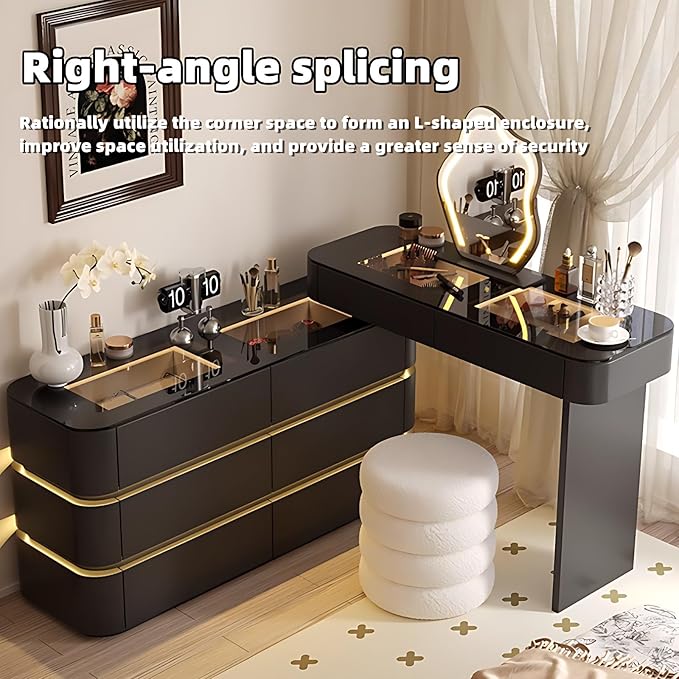 Makeup Vanity Desk with Storage Drawers, Solid Wood Glass Top, Lights Desk and Chair, Easy Installation (Black 6 Drawers, 31.5”)