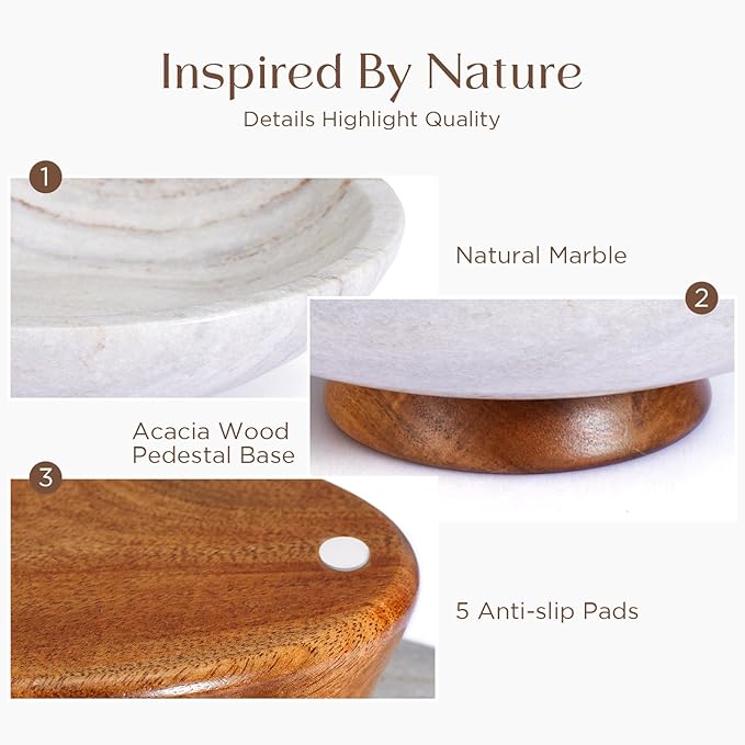 Gray Marble Fruit Bowl with Acacia Wood Pedestal, Large Decorative Footed Bowl, Natural Stone Centerpiece for Kitchen Counter, Entryway, Keys, Dining Table, House Warming Gifts New Home(11Inch)