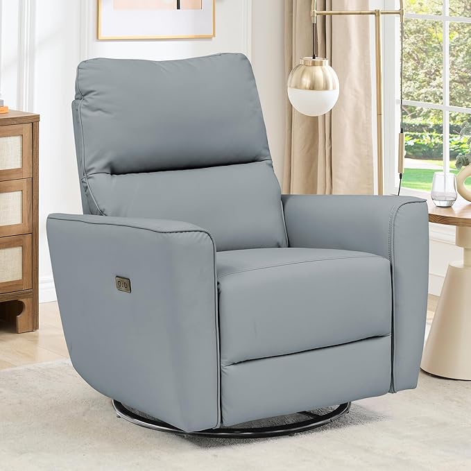 GarveeHome Power Recliner Chair Swivel Glider Upholstered Faux Leather Nursery Rocker Reclining Sofa Chair with Charging Port, Curved Armrests & Padded Backrest (Light Gray)