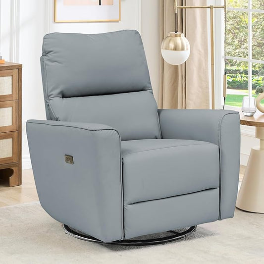 GarveeHome Power Recliner Chair Swivel Glider Upholstered Faux Leather Nursery Rocker Reclining Sofa Chair with Charging Port, Curved Armrests & Padded Backrest (Light Gray)