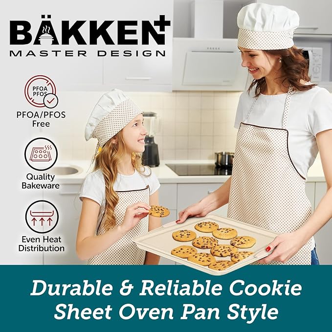 BAKKEN Kitchen Baking Pans - 15.15 x 10.03" Medium Nonstick Sheet, Durable Carbon Steel Cookie Sheet with White Silicone Handles, PFOA, PFOS, PTFE Free, Oven Safe Tray (Up To 450°F), Set of 1
