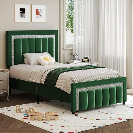HOMBCK Twin Bed Frames, Twin Size Bed Frames with Upholstered Headboard and Footboard, Velvet Bed Frame with Wooden Salts, No Box Spring Required, Easy Assembly, Green