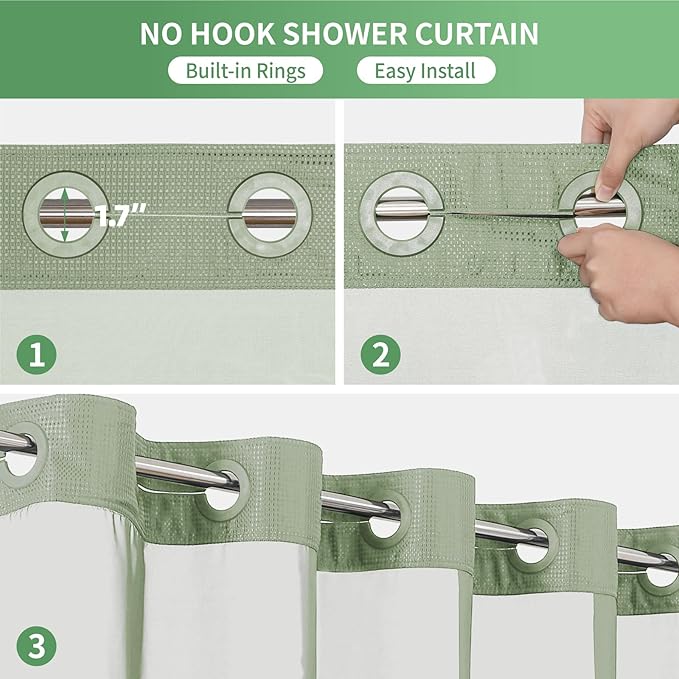 Extra Long No Hook Shower Curtain with Snap-in Fabric Liner Set,Sage Green Waffle Weave Shower Curtains for Bathroom,Hotel Luxury Decor Bathroom Curtain Set,Waterproof & Washable,71Wx86H