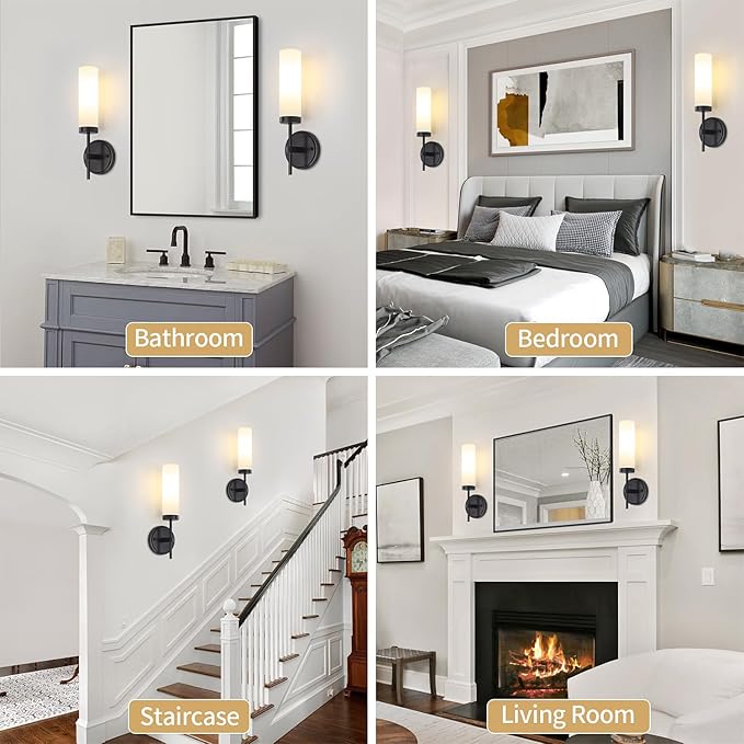 Black Wall Sconces, Modern Bathroom Vanity Lights with Frosted Glass, Sconces Wall Decor Set of 2, Hardwired Wall Sconce Lighting, Indoor Wall Lights for Bedroom Living Room Hallway